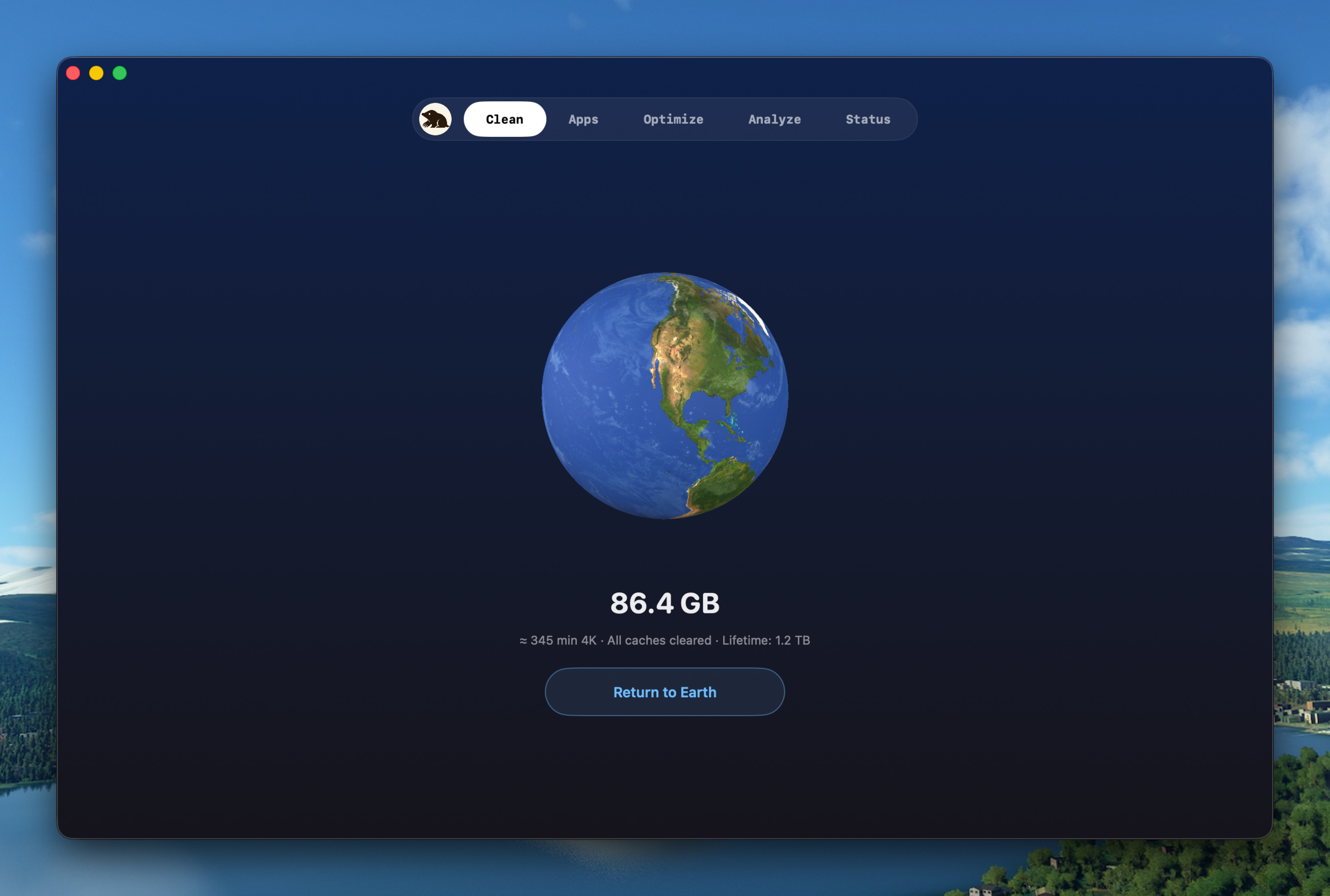 Clean tab showing Earth and the result of a finished cleanup
