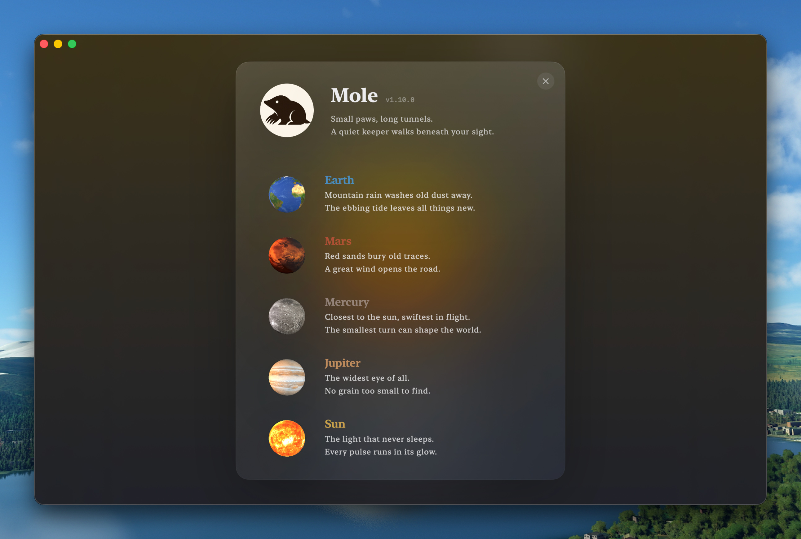 About panel showing Mole's five tools as Earth, Mars, Mercury, Jupiter, and the Sun