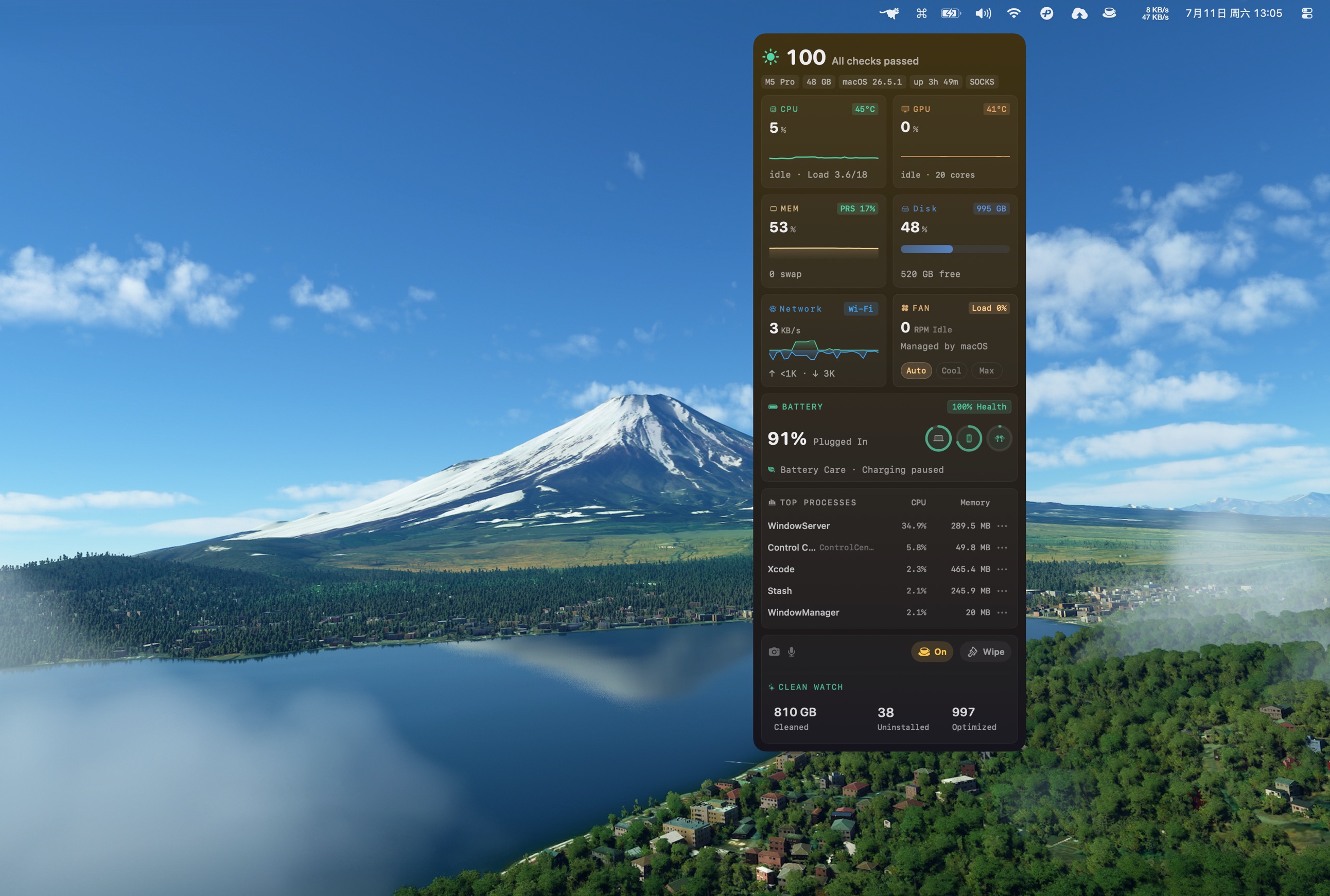 Menu bar panel showing runner animation, live metrics, privacy activity, Keep Screen On, hardware tiles, and top processes